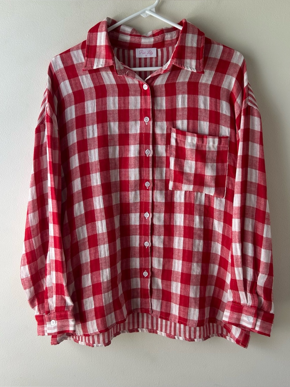 Pink Lily 100% Cotton Button Front Blouse Top Gingham Check Red White M